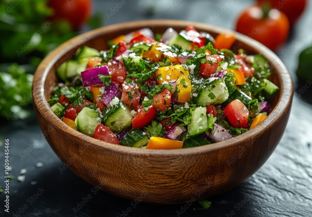 Close-up of a delicious and colorful salad in a wooden bowl. The salad is made with fresh ingredients like tomatoes, cucumbers, peppers, onions, and parsley. Close-up of a delicious and colorful salad in a wooden bowl. The salad is made with fresh ingredients like tomatoes, cucumbers, peppers, onions, and parsley.