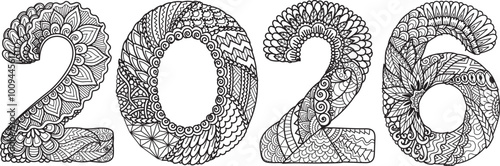 Drawing mandala zentangle 2026 for coloring page, engraving, printing and so on. Vector illustration.