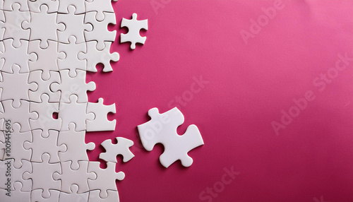 White puzzle pieces on pink background, top view. Space for text