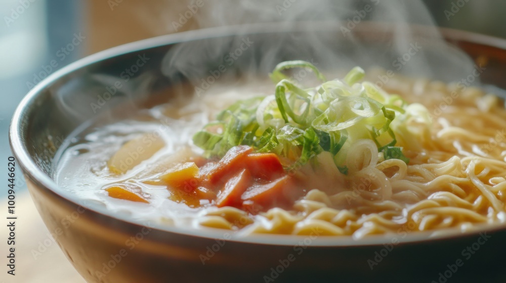 A close-up shot of a steaming bowl of ramen, with noodles, fresh vegetables, and broth served in a beautiful ceramic bowl A close-up shot of a steaming bowl of ramen, with noodles, fresh vegetables, and broth served in a beautiful ceramic bowl