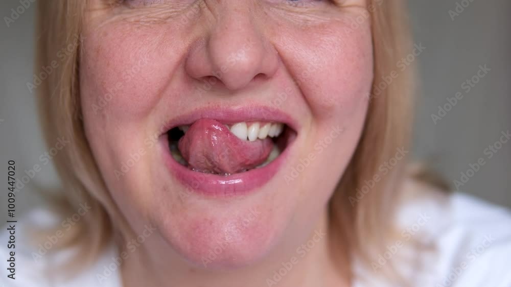 lick teeth capturing a happy woman licking her lips, showcasing healthy teeth and expressing joy and satisfaction. Perfect for dental hygiene promotions. lick teeth capturing a happy woman licking her lips, showcasing healthy teeth and expressing joy and satisfaction. Perfect for dental hygiene promotions.