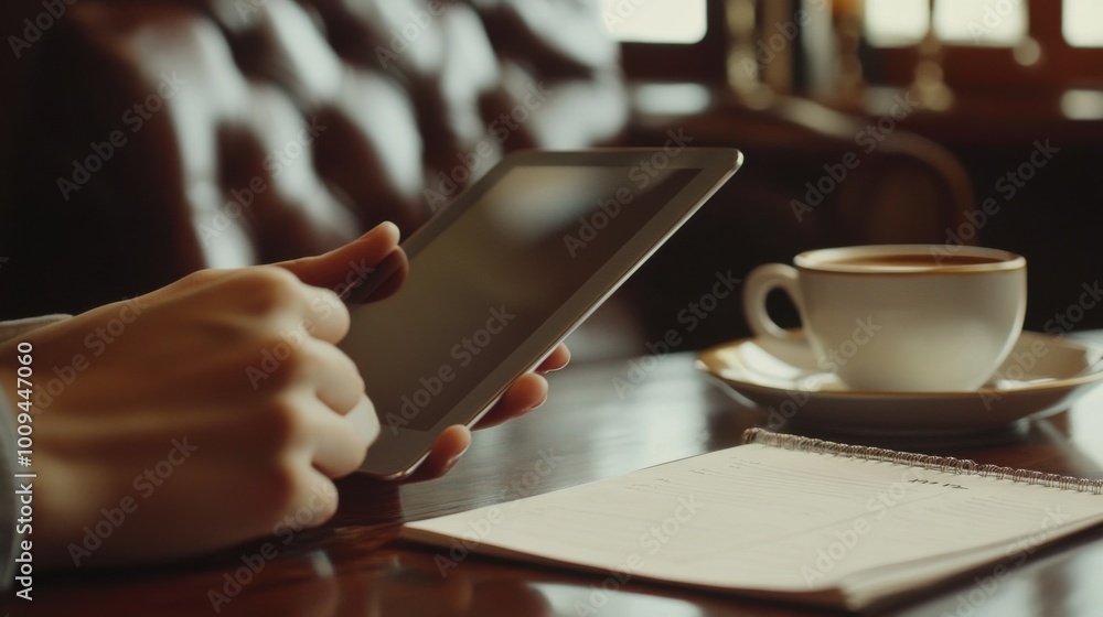 A close-up of a person using a tablet in a stylish home office, with a cup of coffee and notepads on the desk A close-up of a person using a tablet in a stylish home office, with a cup of coffee and notepads on the desk