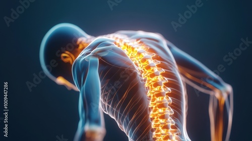 3D human figure bent forward, with the lumbar spine and surrounding muscles glowing orange, representing acute lower back pain.