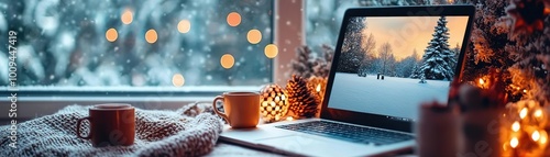Cozy winter scene featuring a laptop by the window, hot drinks, and holiday lights, perfect for remote work or relaxation.