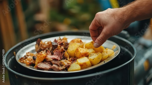 A hand reaching for a plate of grilled meat and roasted potatoes outdoors.