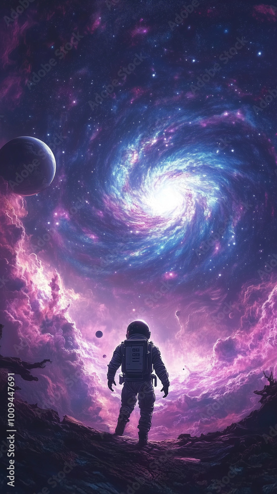 Astronaut and swirling galaxy. Astronaut and swirling galaxy.