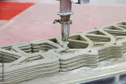 Fototapeta Naklejka Na Ścianę i Meble -  A large 3D printer steadily layers concrete, forming the walls of a house on a construction site.