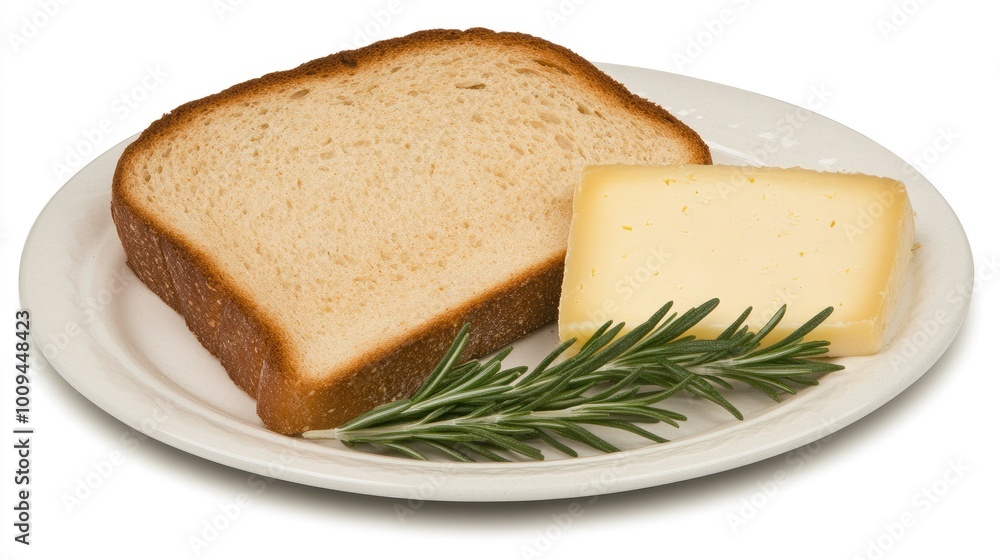 Freshly sliced manchego cheese sits on a white plate, accompanied by artisanal bread and vibrant rosemary, creating a delightful Spanish tasting experience Freshly sliced manchego cheese sits on a white plate, accompanied by artisanal bread and vibrant rosemary, creating a delightful Spanish tasting experience