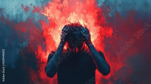 A dramatic representation of inner turmoil, featuring a figure engulfed in vivid flames and smoke, symbolizing emotional distress.