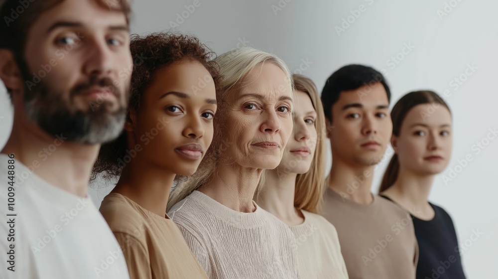 Diverse group of people are standing in a line, representing the concept of unity and diversity. They are all wearing casual clothing and have neutral expressions on their faces Diverse group of people are standing in a line, representing the concept of unity and diversity. They are all wearing casual clothing and have neutral expressions on their faces