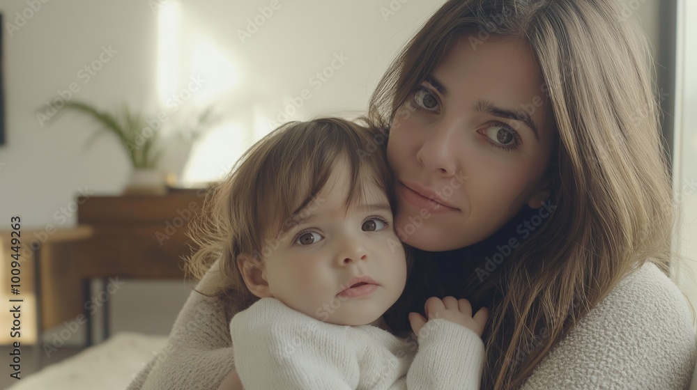 Happy mother hugs her baby daughter in a cozy living room, radiating love and joy in a serene, peaceful atmosphere filled with natural light Happy mother hugs her baby daughter in a cozy living room, radiating love and joy in a serene, peaceful atmosphere filled with natural light