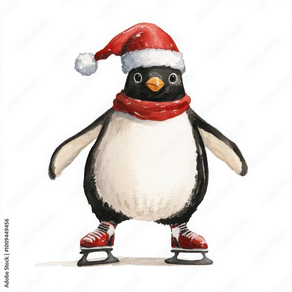 Fototapeta premium Penguin in Santa Hat with Ice Skates on Ice