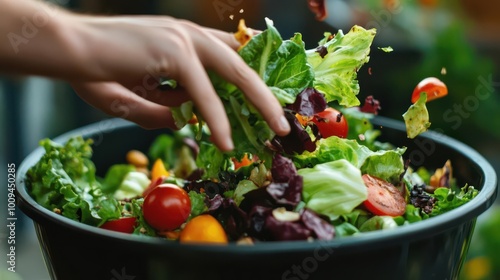 A hand tossing a fresh salad with various vegetables and greens in a large bowl.