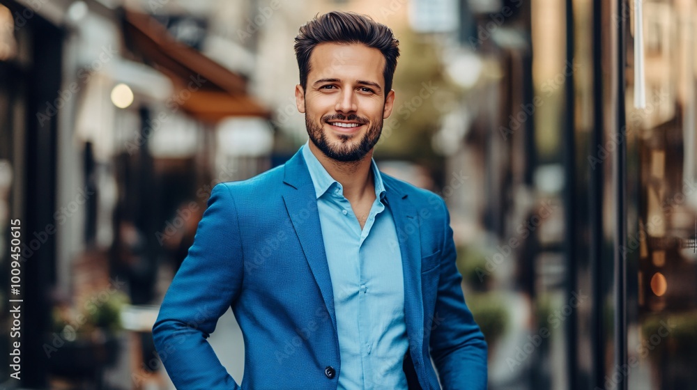 Obraz premium Confident man in a blue suit smiling outdoors