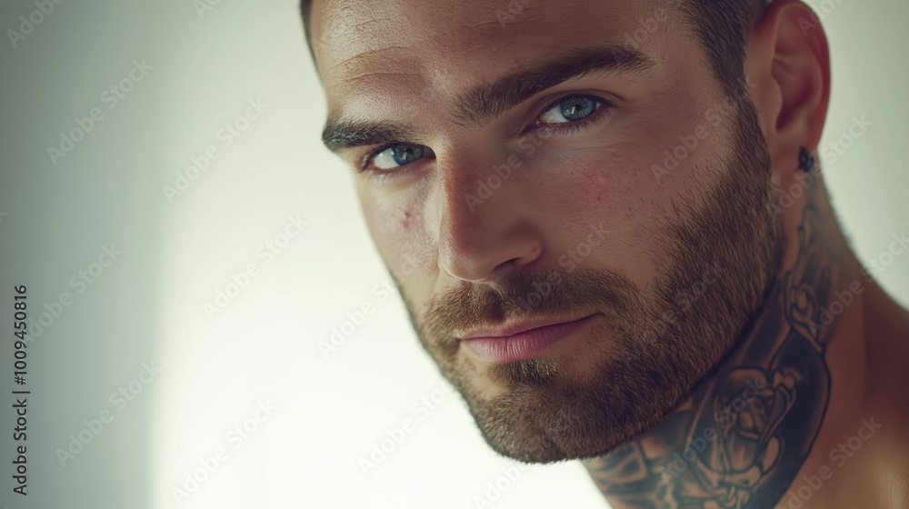 Obraz premium Confident young man with blue eyes and neck tattoo poses in studio, exuding masculinity and style. Close-up portrait showcases his trendy, cool confidence, representing millennial generation