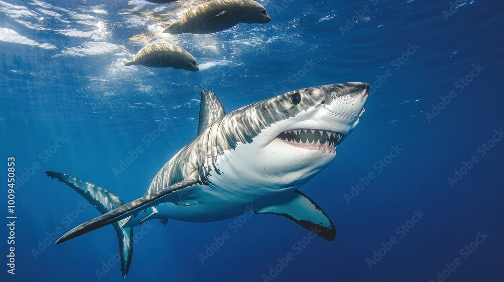 Fototapeta premium A great white shark swimming in clear blue water with marine life above.