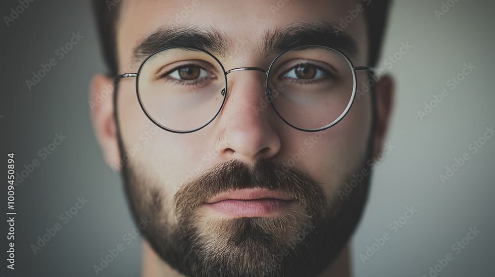 Young man with a stylish beard and round eyeglasses looks serious in a modern portrait with soft light and a white background Young man with a stylish beard and round eyeglasses looks serious in a modern portrait with soft light and a white background