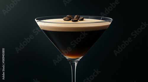Minimalist espresso martini with coffee beans in dark setting