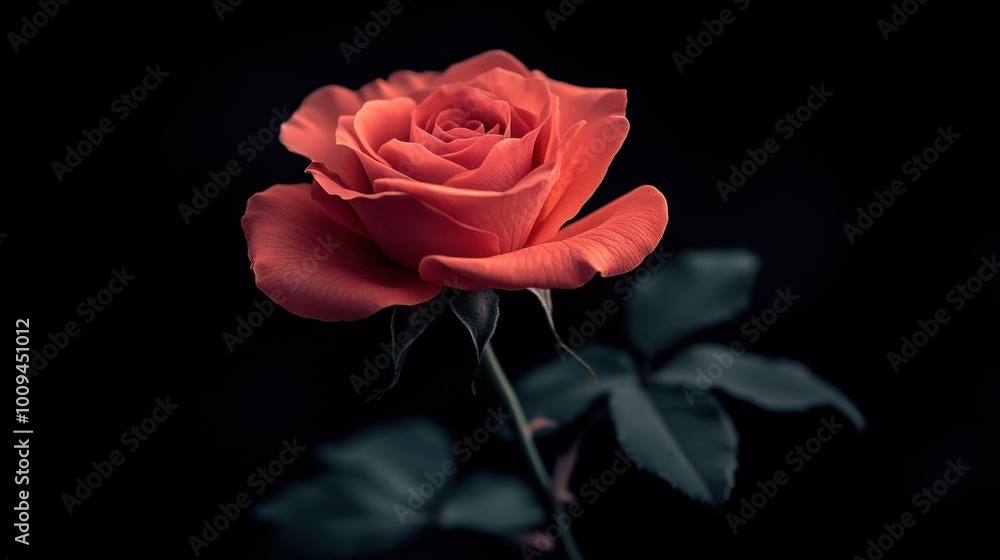 Fototapeta premium A single, delicate rose blooms in a deep red hue against a dark background, creating a stunning contrast.