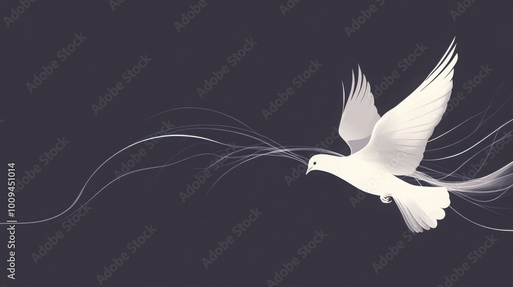 Fototapeta premium A white dove soars through the air, its wings outstretched against a dark background. The dove is a symbol of peace, hope, and new beginnings.
