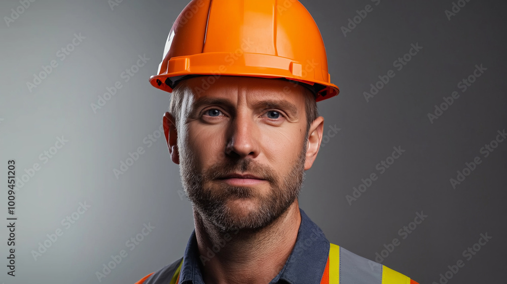 Confident construction worker in orange hard hat and reflective vest, looking at camera. Embodying professionalism and safety on site Confident construction worker in orange hard hat and reflective vest, looking at camera. Embodying professionalism and safety on site