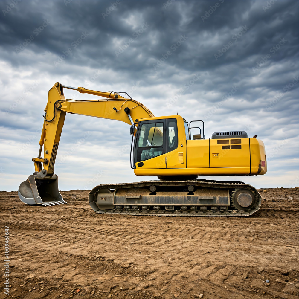 A powerful yellow excavator digs into the dirt, against a backdrop of a bright blue sky A powerful yellow excavator digs into the dirt, against a backdrop of a bright blue sky