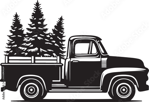 pickup truck carrying christmas trees silhouette design vector art illustration