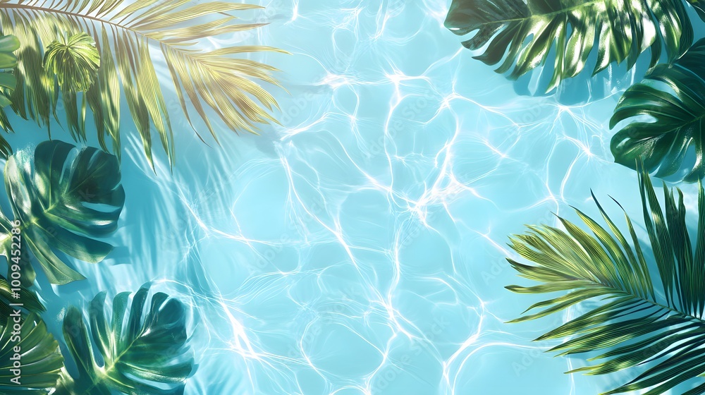 Light blue water background with palm leaves and ripples, swimming pool water, light aquamarine, tropical beach Light blue water background with palm leaves and ripples, swimming pool water, light aquamarine, tropical beach
