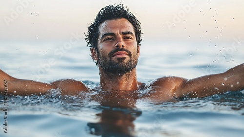 Man relaxing in ocean water at sunset