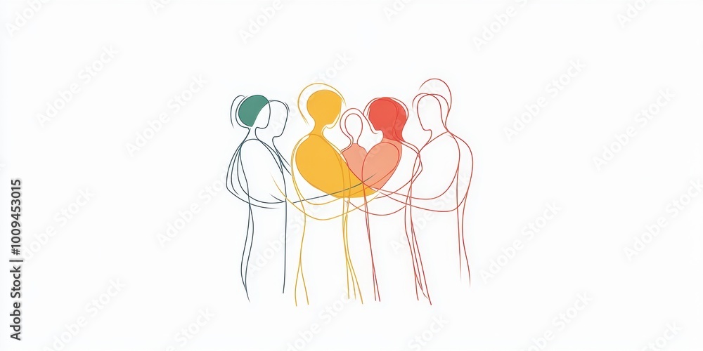 Minimalist line art of multiple people hugging, each person outlined with different colors against a white background Generative AI Minimalist line art of multiple people hugging, each person outlined with different colors against a white background Generative AI