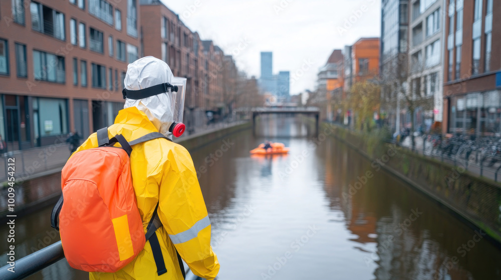 Water quality testing in an urban canal. Water quality testing in an urban canal.
