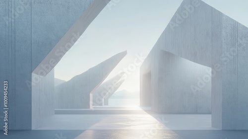 Abstract concrete structure with light streaming through the opening.