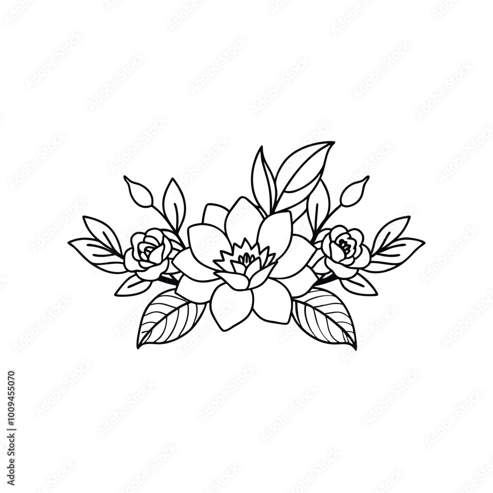 Minimalistic Floral Border with Outline Flowers and Leaves Minimalistic Floral Border with Outline Flowers and Leaves