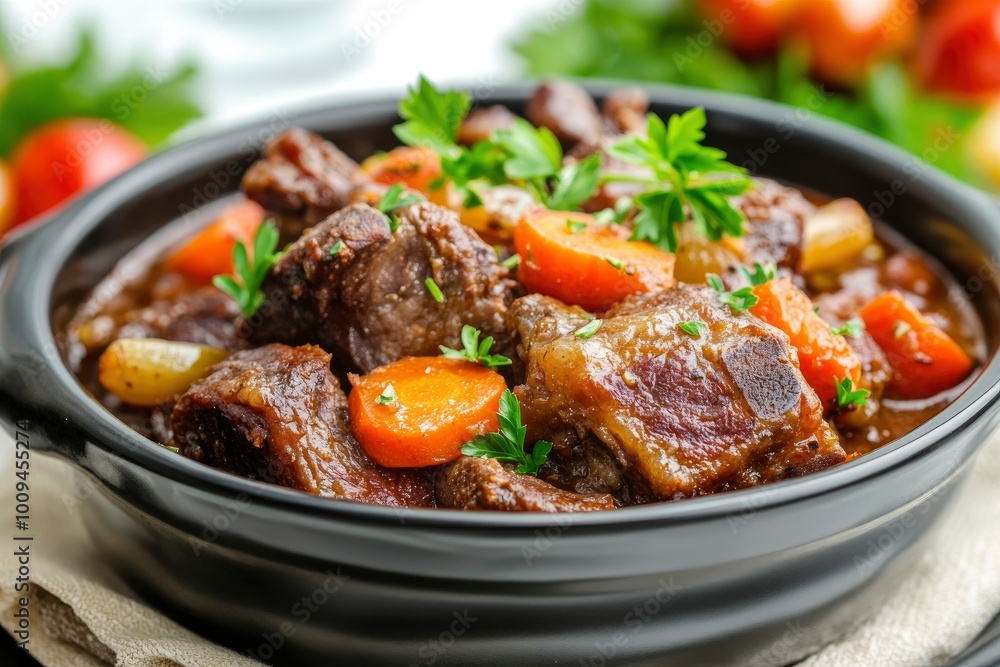 A delicious classic French recipe of braised beef short ribs in a pot with carrots and tomatoes. A delicious classic French recipe of braised beef short ribs in a pot with carrots and tomatoes.