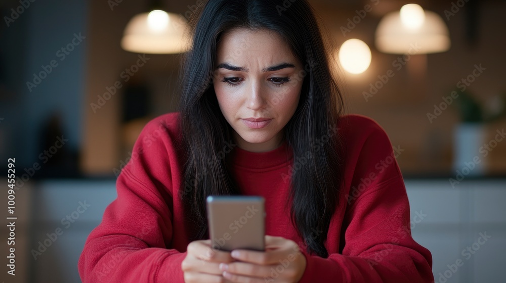 an attractive woman wearing red cloth and looking sad and holding her phone at home an attractive woman wearing red cloth and looking sad and holding her phone at home
