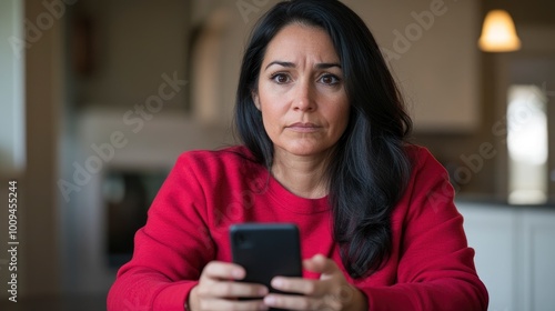 an attractive woman wearing red cloth and looking sad and holding her phone at home