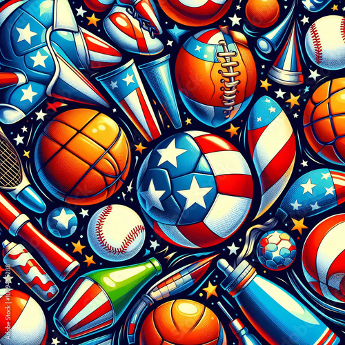 A vibrant collage of sports equipment adorned with American flag colors photo