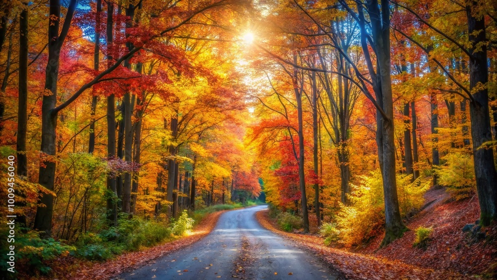 Fototapeta premium Serene Fall Forest Road Surrounded by Colorful Foliage and Soft Light in Autumn Season