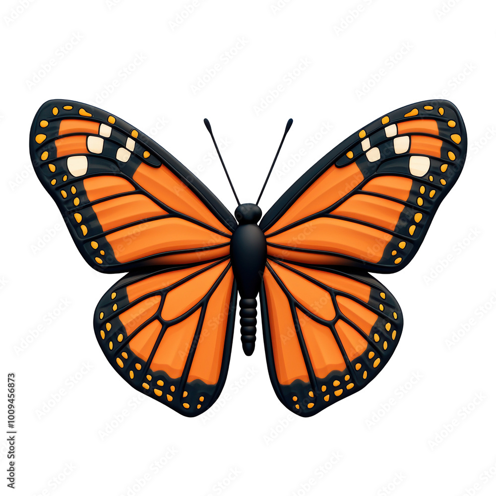 3D illustration of a monarch butterfly with its wings spread, showcasing vibrant orange and black patterns. Realistic and highly detailed style. Isolated on transparent background, png. 3D illustration of a monarch butterfly with its wings spread, showcasing vibrant orange and black patterns. Realistic and highly detailed style. Isolated on transparent background, png.