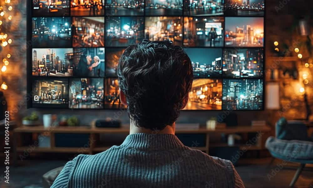 Man Watching Cityscapes on a Large Screen Man Watching Cityscapes on a Large Screen