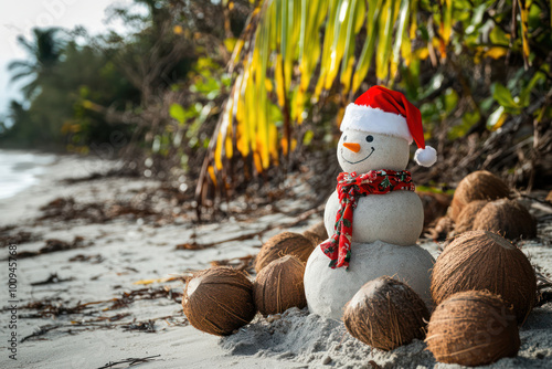 Creative a sandman instead of a snowman wearing a Santa hat and scarf on the beach, surrounded by tropical Christmas decorations like coconuts