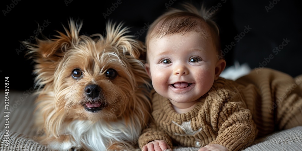 Little baby lying with dog on bed, top view Little baby lying with dog on bed, top view