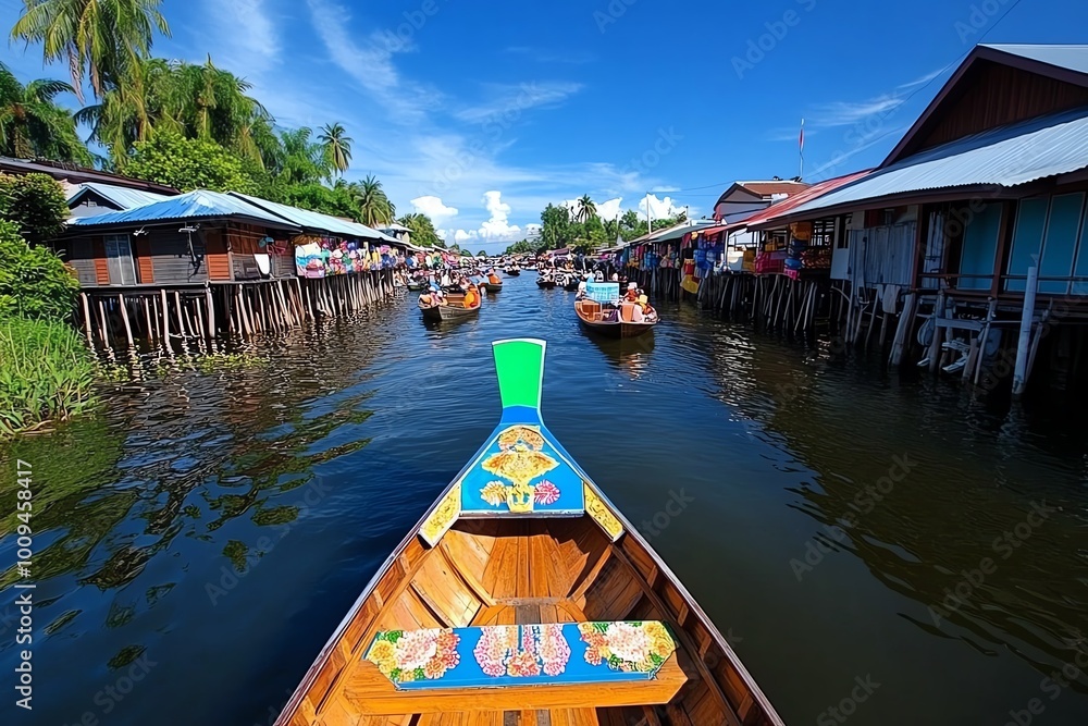 Obraz premium A serene view of the floating market with wooden stilt houses, overlooking the canal where boats laden with goods pass by, showcasing the traditional way of life in Thailand