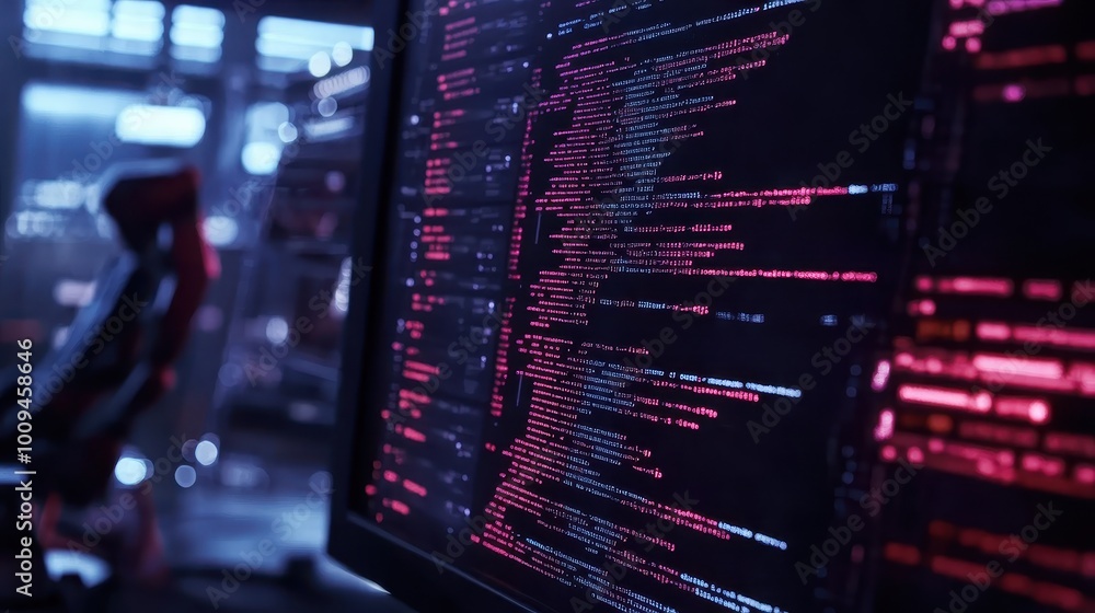 Artificial intelligence, close-up of code on a monitor, futuristic technology design Artificial intelligence, close-up of code on a monitor, futuristic technology design