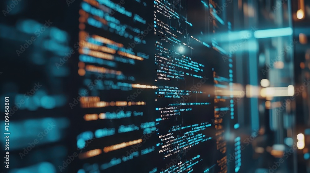 Artificial intelligence, close-up of code on a monitor. Artificial intelligence, close-up of code on a monitor.