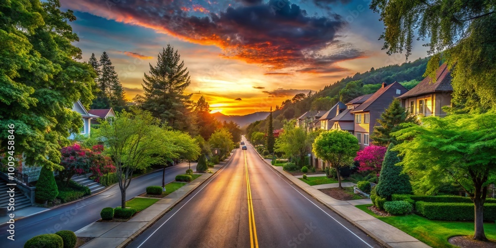 Serene Landscape of a Peaceful Street Without Vehicles Surrounded by Lush Greenery and Nature Serene Landscape of a Peaceful Street Without Vehicles Surrounded by Lush Greenery and Nature