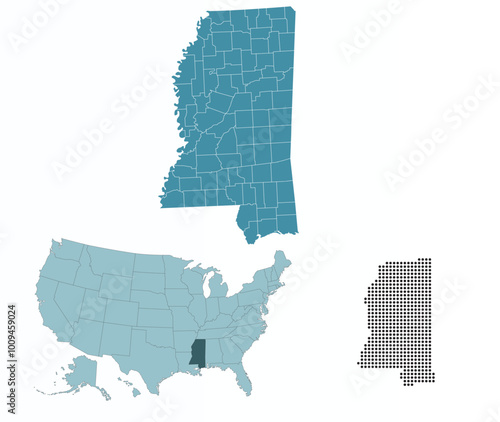 Map of Mississippi state in the colors of the Democratic Party