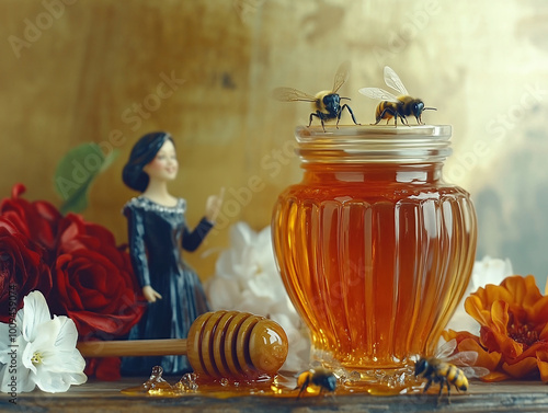 A Captivating Still Life Of A Glass Jar Of Honey With Bees On The Lid, Surrounded By Vibrant Flowers And A Charming Figurine.
 photo