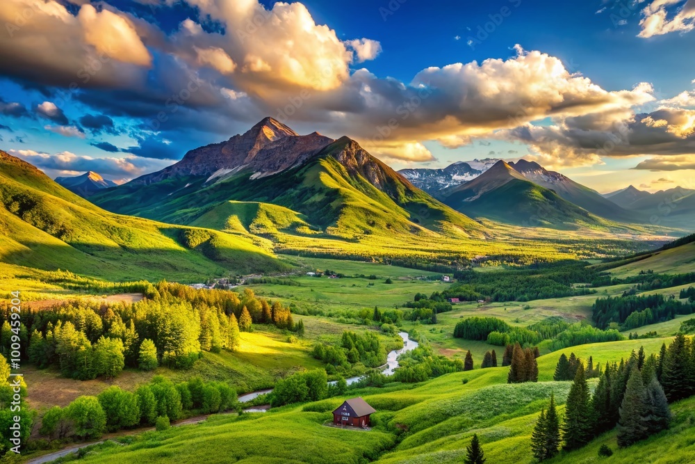 Obraz premium Serene Landscape of Crested Butte with Majestic Mountains and Lush Green Valley in Summer Light