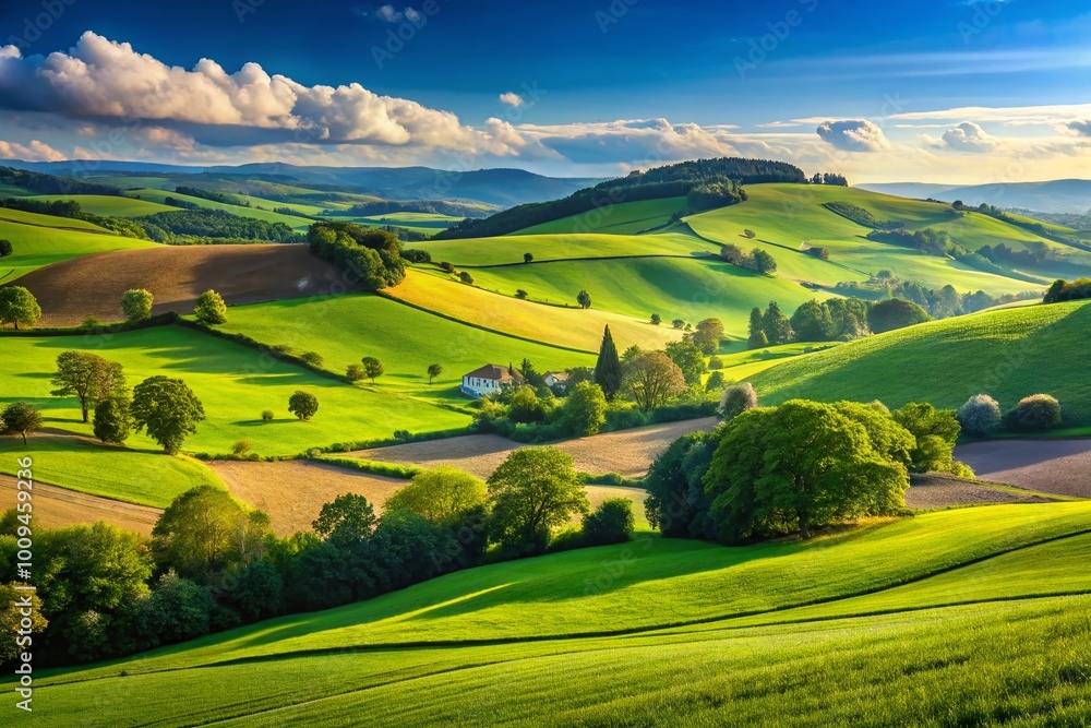 Obraz premium Serene Landscape of Emmaus with Lush Green Fields, Rolling Hills, and Clear Blue Sky in Background